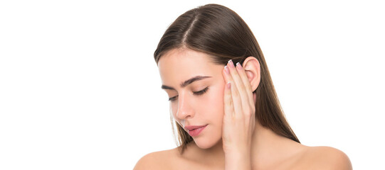 Obraz premium Woman beauty face, close up portrait, isolated banner with copy space. smooth and soft female skin. woman touch smooth face. young girl with bare shoulders.