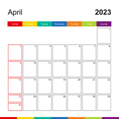 April 2023 colorful wall calendar, week starts on Sunday.