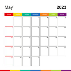 May 2023 colorful wall calendar, week starts on Sunday.