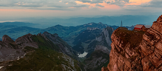 Beautiful alpine sunset at the famous Saentis summit, Schwaegalp, Appenzell, Alpstein, Switzerland