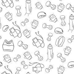 Seamless pattern of sports dumbbells, smart watches, fitness clothes.