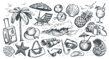 Travel set sketch. Drawn collection elements. Vacation on beach, sea adventure concept. Journey vintage illustration