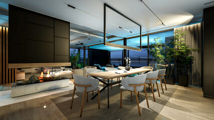 3d rendering of modern cozy interior with living,dining zone stair and kitchen for sale or rent with wood plank by the sea in night. Warm interior lighting combined with cold light from night street