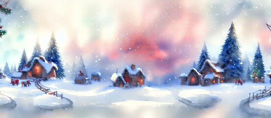 Fototapeta premium A Painting Of A Winter Scene With Houses And Trees, Creative Winter Landscape Background Wallpaper. Book Or Game Digital Illustration.