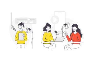 Podcast Recording with Young Man and Woman with Microphone Broadcasting and Live Streaming Outline Vector Set