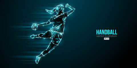 Abstract silhouette of a handball player on blue background. Handball player woman are throws the ball. Vector illustration - obrazy, fototapety, plakaty