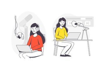 Podcast Recording with Young Woman with Microphone Broadcasting and Live Streaming Outline Vector Set