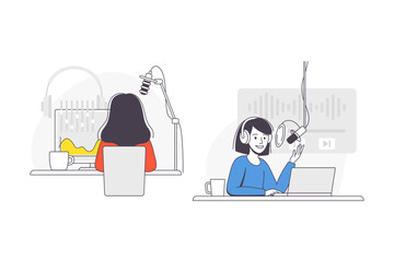 Podcast Recording with Young Woman with Microphone Broadcasting and Live Streaming Outline Vector Set
