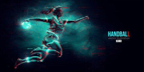 Abstract silhouette of a handball player on black background. Handball player woman are throws the ball. Vector illustration