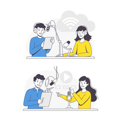 Podcast Recording with Young Man and Woman with Microphone Broadcasting and Live Streaming Outline Vector Set