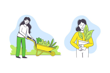 Young Woman with Houseplant and Wheelbarrow in Garden Saving Ecology Caring about Green Planet and Nature Vector Set