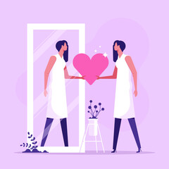 Woman looks at her reflection in mirror, expressing self love and care. Love yourself. Love your body. I love myself. Body positive concept. Modern flat cartoon style. Vector illustration