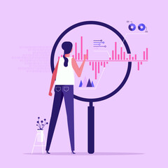 Analyst looking at digits and diagrams through magnifying glass. Concept of big data analysis, business analytics, statistical research. flat vector illustration for banner, poster - obrazy, fototapety, plakaty