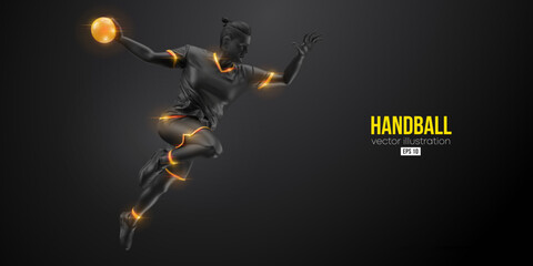 Abstract silhouette of a handball player on black background. Handball player man are throws the ball. Vector illustration - obrazy, fototapety, plakaty