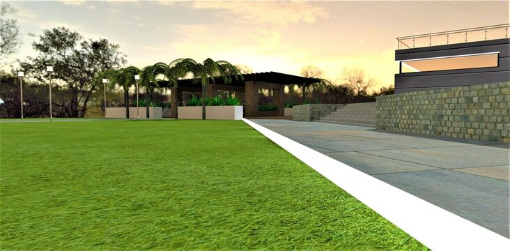 A long white smooth luminous border separates the lush green lawn from the footpath to a wonderful cozy patio on a bright starry night. 3d rendering.