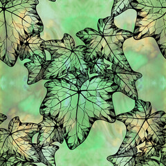 Seamless pattern. Ivy leaves on a watercolor background. Plant wallpaper. Use printed products, signs, posters, postcards, packaging, printing on fabric.