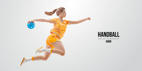 Realistic silhouette of a handball player on white background. Handball player woman are throws the ball. Vector illustration - obrazy, fototapety, plakaty