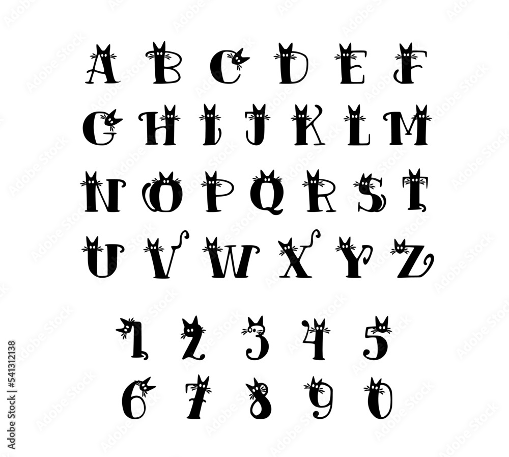 Fototapete cat alphabet - vector set of latin letters and numbers in shape of cats