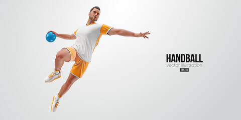 Realistic silhouette of a handball player on white background. Handball player man are throws the ball. Vector illustration - obrazy, fototapety, plakaty