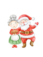 Family Christmas set. Santa Claus and wife Mrs. Claus under isolated on white background. Watercolor. Romantic tradition. Christmas character design