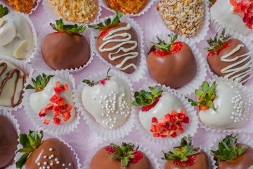 Set of different fresh chocolate covered strawberries - close up. Holiday, gift, confectionery, romantic and Valentine Day concept