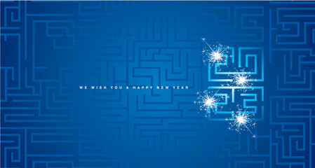 Happy New Year 2023 white blue cyberspace high tech typography greek mystic meander ornament labyrinth with sparkler firework abstract pattern blue background