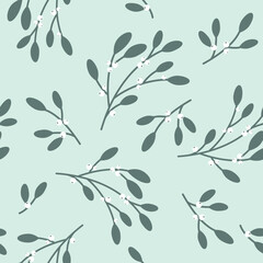 Seamless pattern with mistletoe on green background. Natural design. Vector illustration.