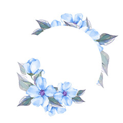 Watercolor floral wreath of blue flowers. Template for invitation and greeting card