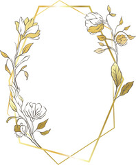 Gold oval frame leaves border, delicate wedding line background
