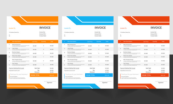 Business invoice form template, Invoicing quotes, money bills or price invoices and payment agreement design templates, Tax form, bill graphic or payment receipt page vector set