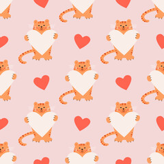 Seamless pattern with cute tigers holding hearts. Modern design for fabric and paper, surface textures.