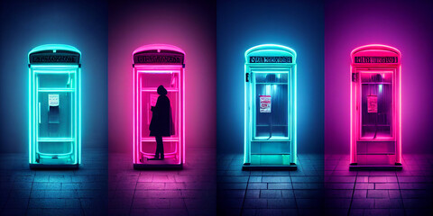 Neon light london phone booth, background with lights, collection - obrazy, fototapety, plakaty