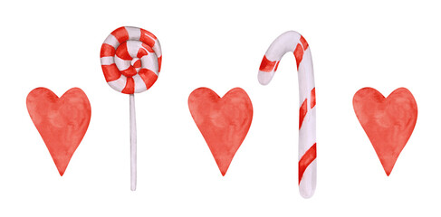 Candies and hearts are isolated on a transparent background. Set of red and white watercolor striped lollipops, and hand-painted hearts. Set of Valentine's day clipart.