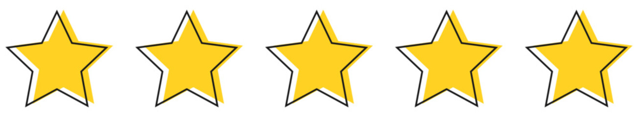 Five yellow stars icons. Quality rankings set. Design for web and mobile app. Vector illustration