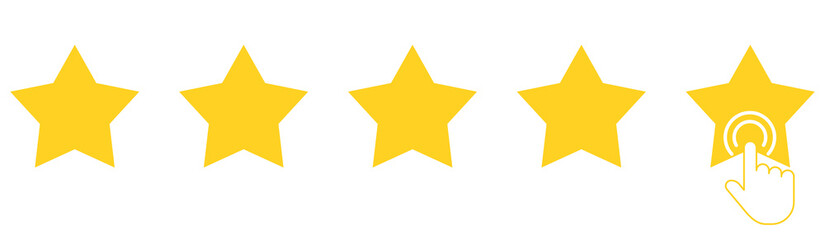 Five yellow stars with clicking hand. Customer feedback 5 stars scale. Rating sign.