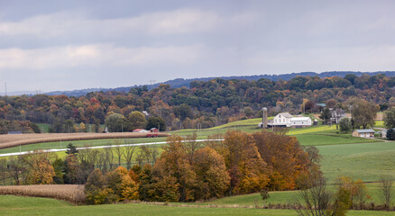 Fototapeta na wymiar Fields and autumn forest in the hills of Amish country, Ohio