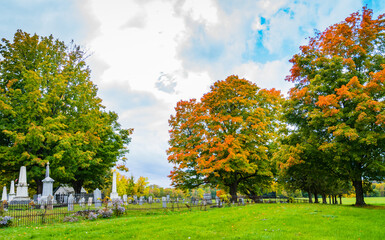 Naklejka premium cemetery with white gravestones with bright autumn colors of fall foliage 