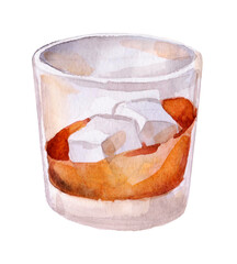 Glass of cognac, scotch or whiskey with ice isolated on white background. Hand drawn watercolor illustration.