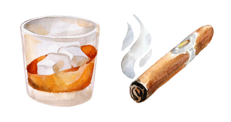 Whiskey with ice in a glass isolated on white background, cigar, watercolor illustration