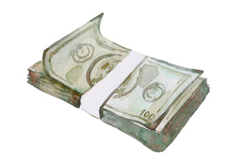 Watercolor illustration a big bunch of money isolated on white background