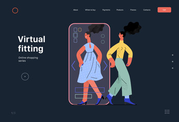 Virtual fitting - Online shopping and electronic commerce web template - modern flat vector concept illustration of a woman fitting clothes in app. Promotion, discounts, sale and online orders concept