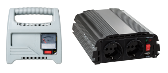 Battery inverter and charger for a car battery on an isolated background.