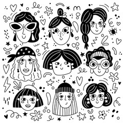 vector set of woman faces in doodle style