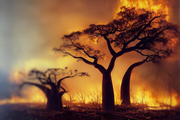Wildfire burns ground in forest background.