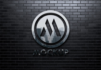 Metal Logo Mockup with 3D Reflection Effect on Dark Brick Wall