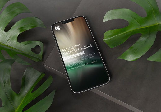 Mobile Phone Mockup on Black Concrete with Leaves