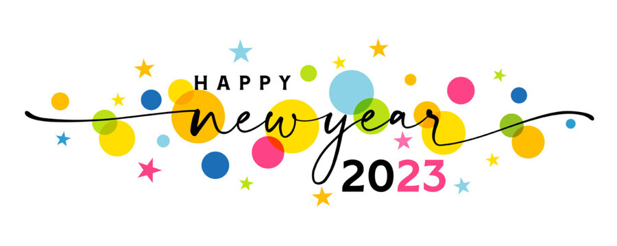 Happy new year 2023 greetings banner with swirl ribbon and colored stars. Creative concept of 20 23 Happy New Year calligraphy for poster or banner design. Vector illustration
