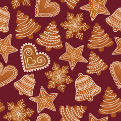 Watercolor winter christmas seamless pattern with ginger cookies. Winter seamless patterns with gingerbread cookies. Cookies on a red background.