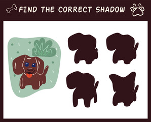 Cute doodle dogs. Find the correct shadow. Educational game for children. Cartoon vector illustration.