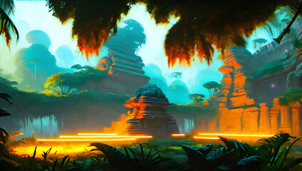 ancient science fiction temple ruins on an alien planet in the jungle with palm trees and neon lights - painted illustration - concept art - background